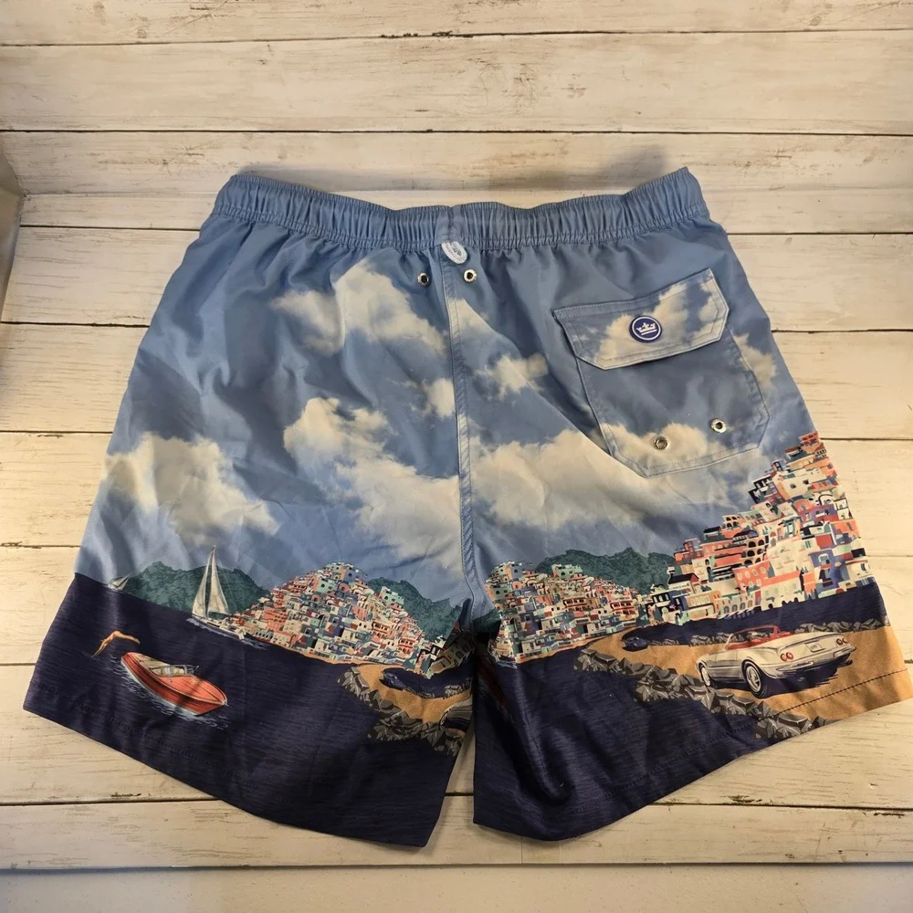 Peter Millar Seaside Mens Blue Coastal Village Scenic Print Swim Trunks Size M